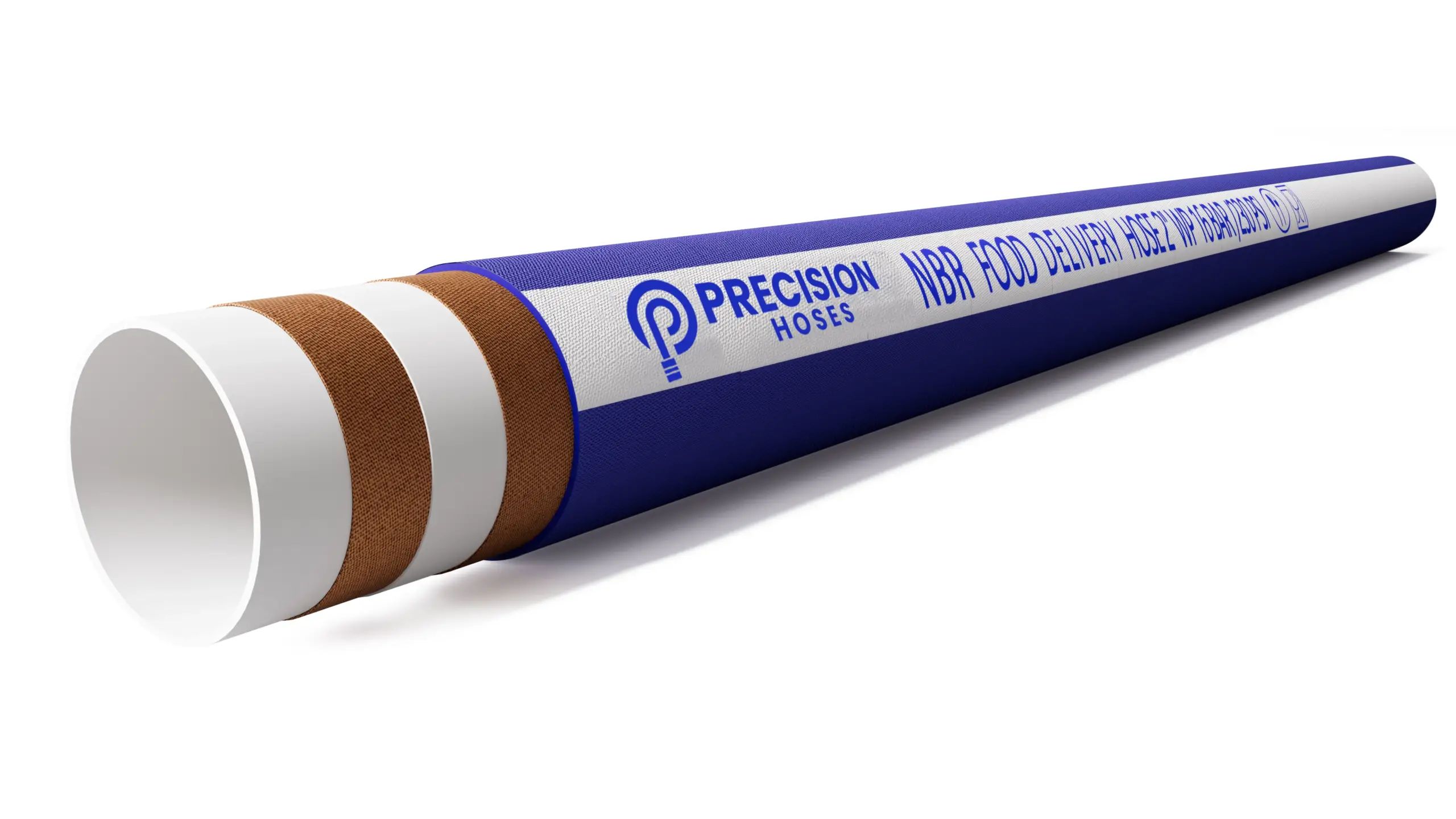 EPDM food discharge hose with white and blue cover, white coupling, and Precision Hoses branding.