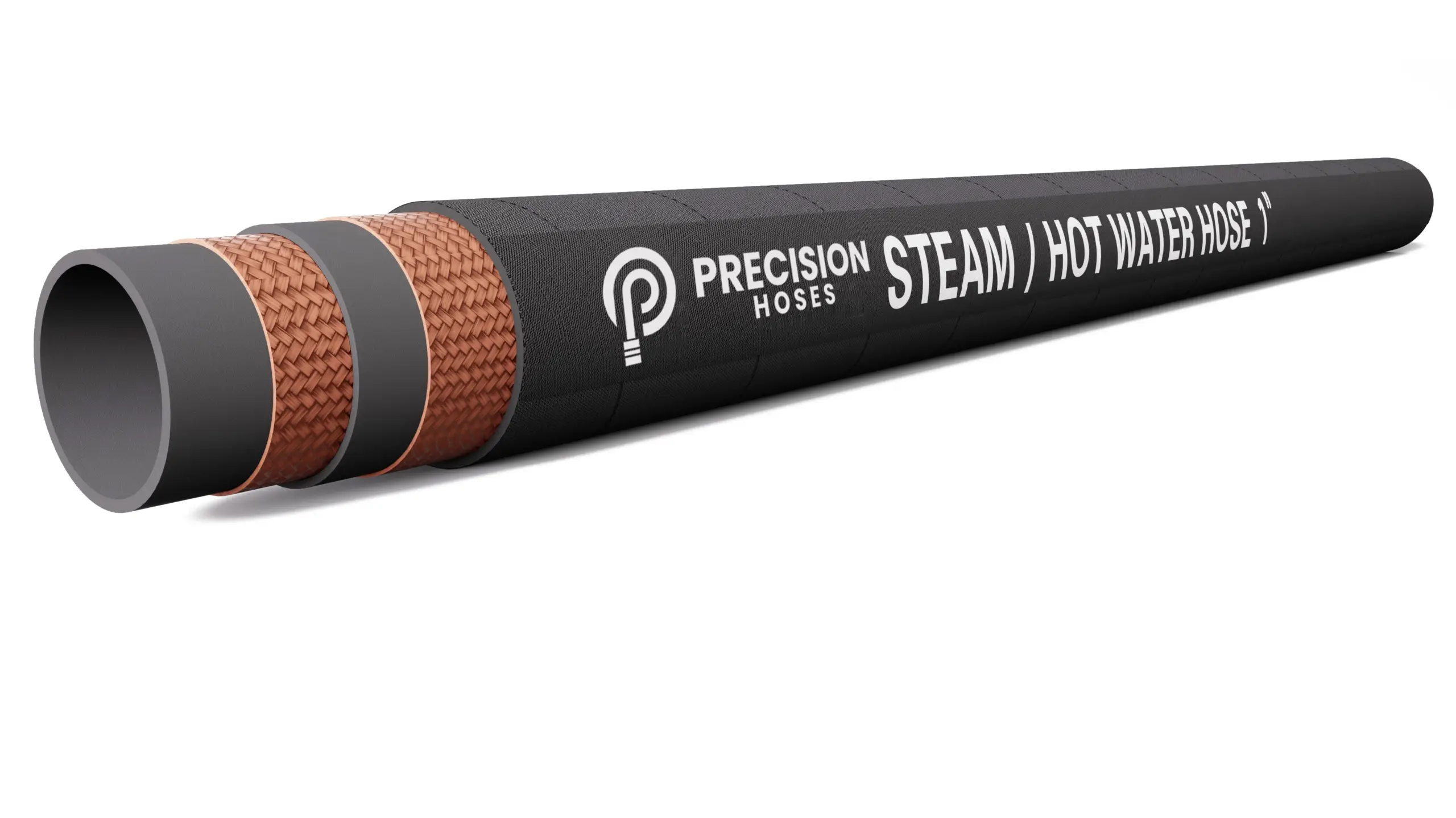 Steam and hot water hose with couplings, red braided reinforcement, and Precision Hoses branding.