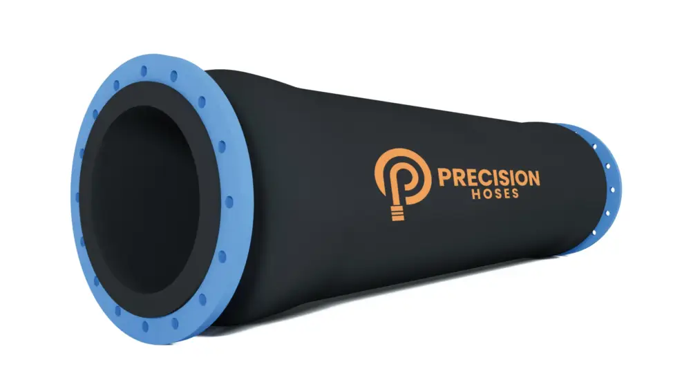 Suction dredging hose with blue flange for dredging operations, Precision Hoses branding.