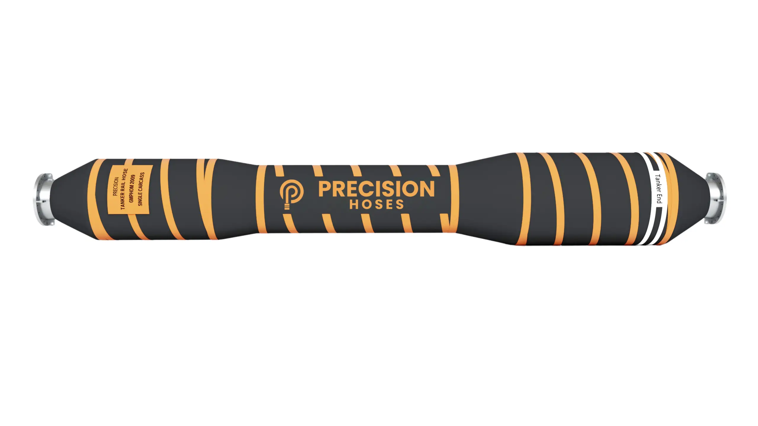 Precision Hoses tanker rail hose with black body and orange spiral stripes, designed for marine dredging and oil tanker applications.
