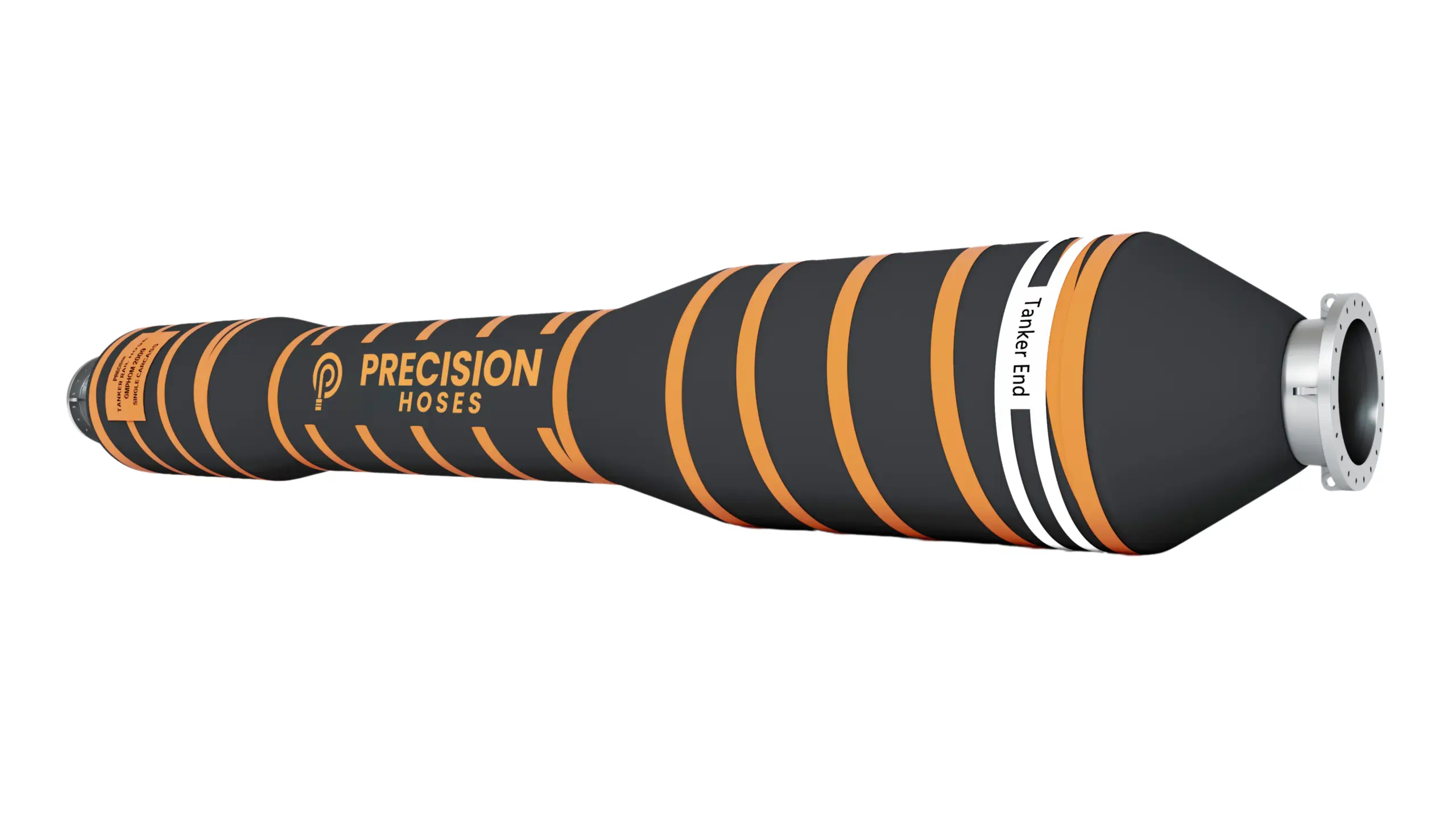 Precision Hoses tanker rail hose with black body and orange spiral stripes, designed for marine dredging and slurry transfer.