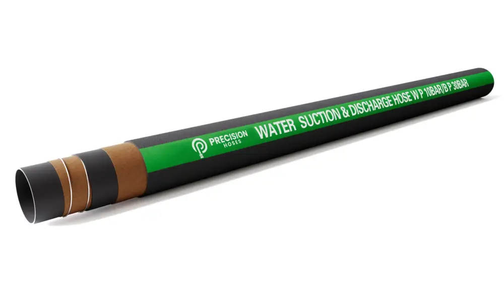 Green water suction and discharge hose with brown couplings and Precision Hoses branding.