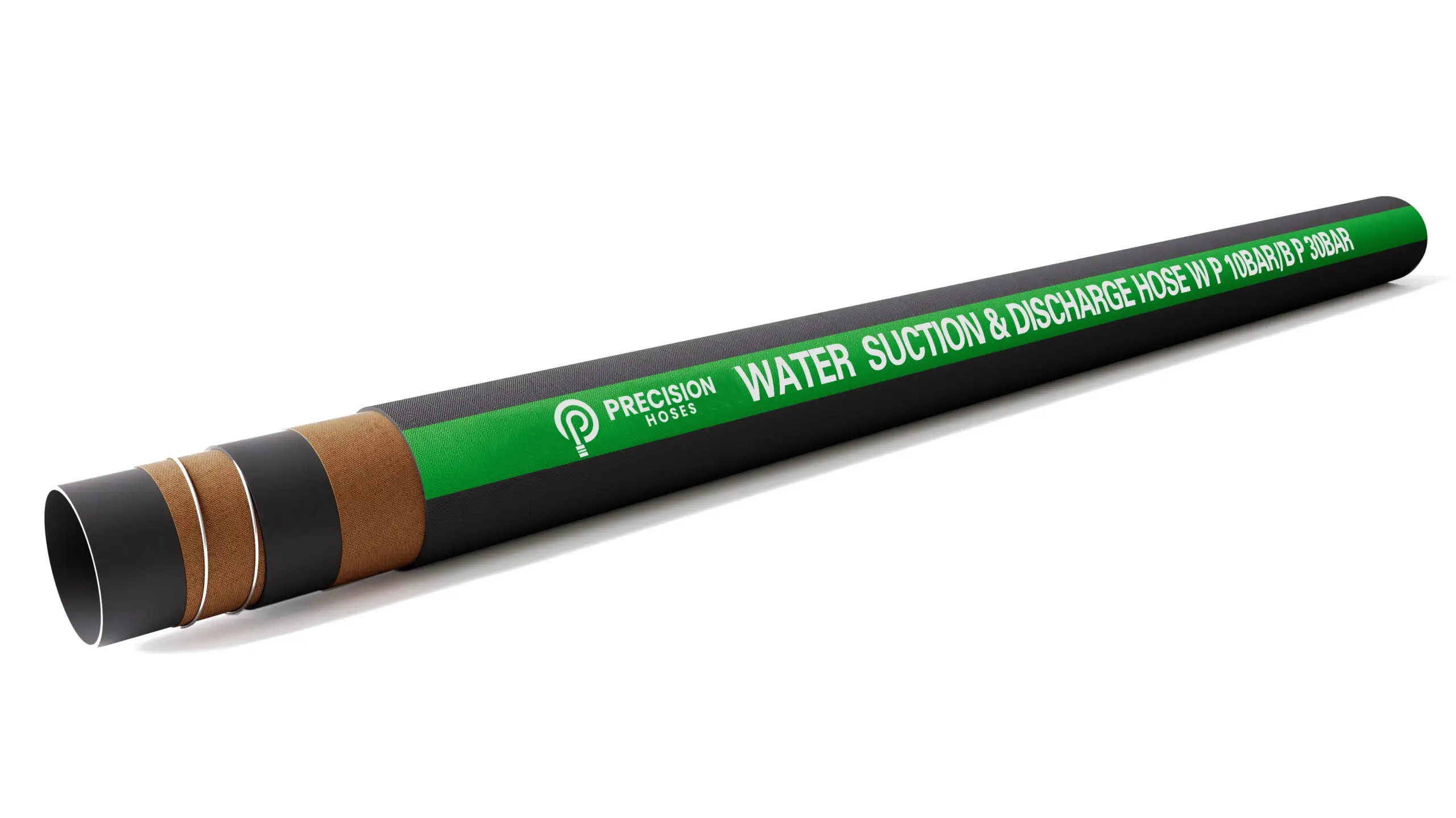 Green water suction and discharge hose with brown couplings and Precision Hoses branding.