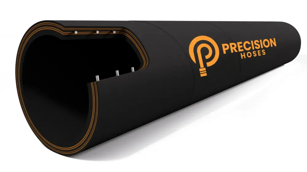 Water suction and discharge hose with flange and Precision Hoses branding.