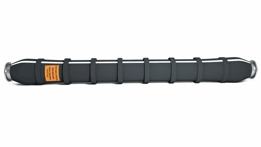 Mainline submarine hose with collars showing a black rubber hose with collars used for subsea applications for Precision Hoses